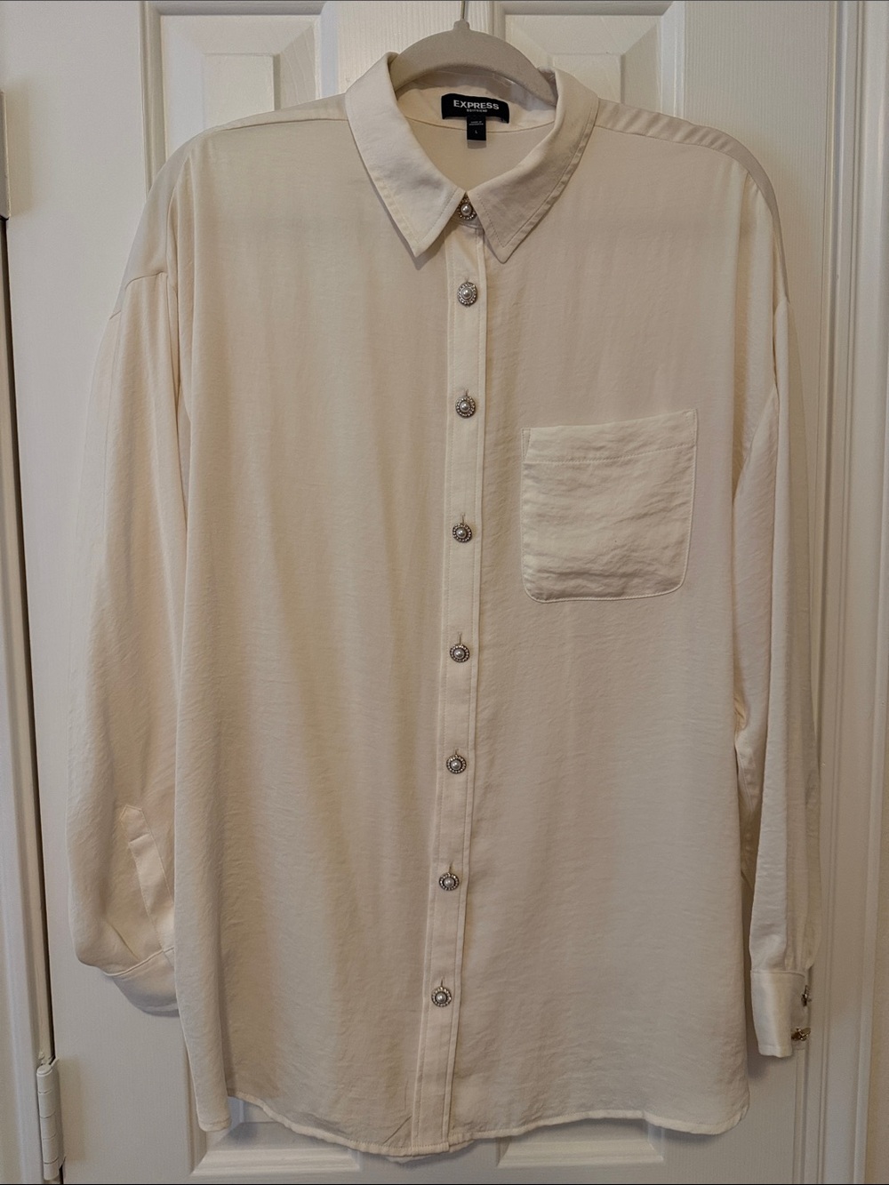 Express Ivory Long-Sleeve Button Front Blouse